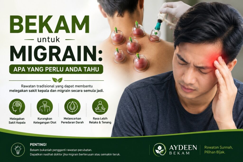 Rawatan bekam untuk migrain membantu mengurangkan sakit kepala dan ketegangan otot leher.